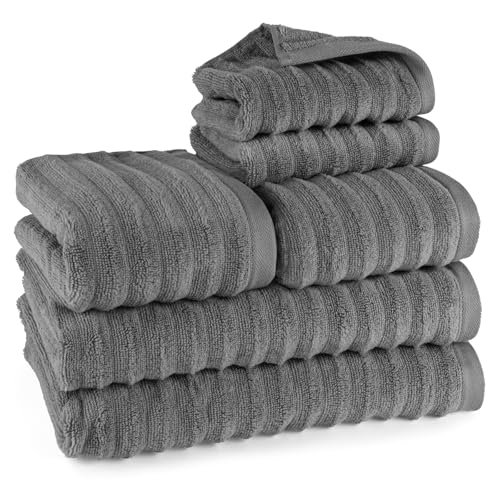 Pure Label 6-TLG. Handtücher Set mit Aufhängeschlaufen aus 100% Baumwolle, saugstark und weich - 2X Badetuch (70x140cm) 2X Handtuch (50x100cm) 2X Gästetuch (30x50cm), Anthrazit