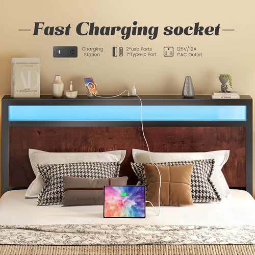 Image of Fluest Queen Bed Frame with Headboard & Footboard, Bed Frame with Built-in Charging Station & LED Light, Storage Shelf, Noise-Free, No Box Spring Needed, Easy Assembly, Coffee Brown