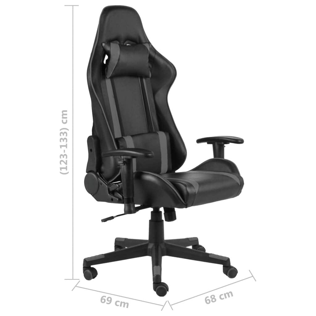 Silla de juegos giratoria gris PVC con respaldo ergonómico y reposabrazos ajustable para oficina y juegos, altura regulable, con soporte para cabeza y lumbar