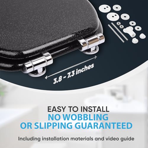 SANILO Wooden Toilet Seat with Soft Close [ELONGATED] - Decorative, Quiet & Slow Close Molded Wood Seat - With Strong Bumpers & Hinges - Adjustable Fit - Glittering Black