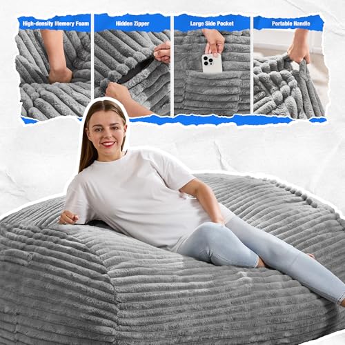 Image of Hobestluk 4FT Bean Bag Chairs Adult Bean Bag with Portable Handle Comfy Large Bean Bag Chair with Removable Cover for Living Room Bedroom or Reading Nook (Stripe Grey, 4FT)