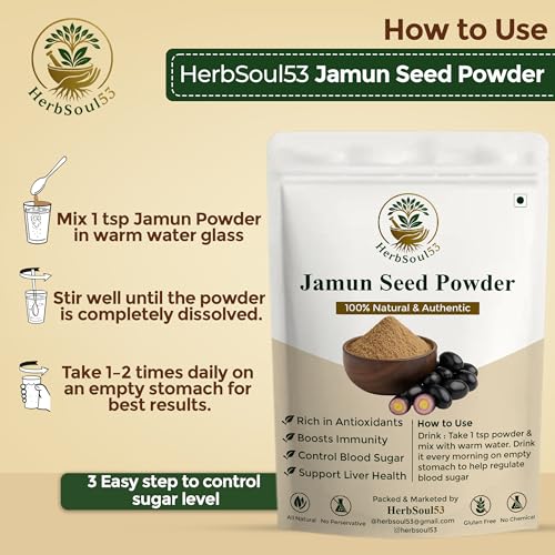 Image of HerbSoul53 Jamun Seed Powder For Diabetes 200gm | Pure & Organic Jamun Beej /Jambu Guthli Powder Ayurvedic Churna for Diabetes Support, Blood Sugar Balance, Digestion & Antioxidants | No Preservatives