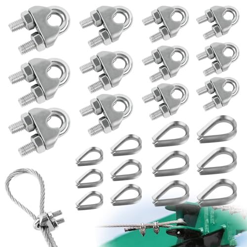 Abrazadera De Cable Abrazaderas De Cable De Acero Inoxidable 304, Conectores Forma De U Para Cables De Acero, Cables y Alambres (12 Abrazaderas De Cable De Acero&12 Guardacabos De Cable De Acero)