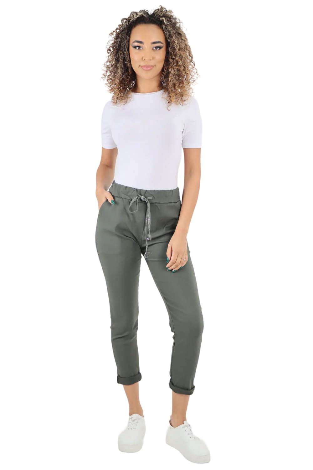 Turnhint Women's Green Turnhint® Plain Magic Trousers, Italian Lagenlook Crushed Casual Stretchy Joggers Yoga Pants With Back Pocket (, 10-16)