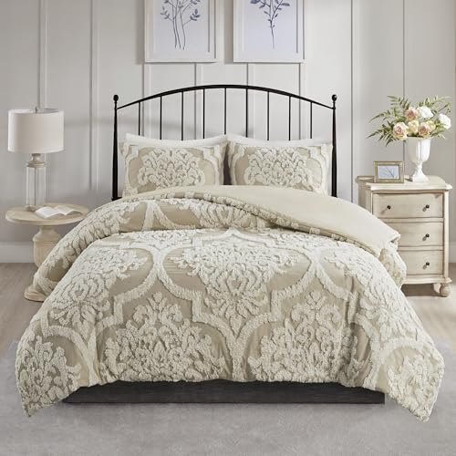 Image of Madison Park Tufted Chenille Cotton Comforter All Season Bedding Set, Matching Shams, Full /Queen(90 inchx90 inch), Viola, Damask Taupe 3 Piece (MP10-7102)