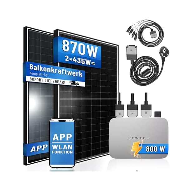 PIANETA Balkonkraftwerk 870W/800W Solaranlage mit 800W ECOFLOW Micro Wechselrichter WiFi Bluetooth, upgradebar drosselbar, 2x435W Marken Solarmodule von TW Solar