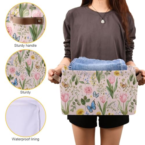 Image of Aslsiy Storage Basket Cute Bright Flowers Easter Nursery Bins Butterfly Pink Canvas Clothes Shelf Basket Laundry Hamper Gift Basket 1 Pcs