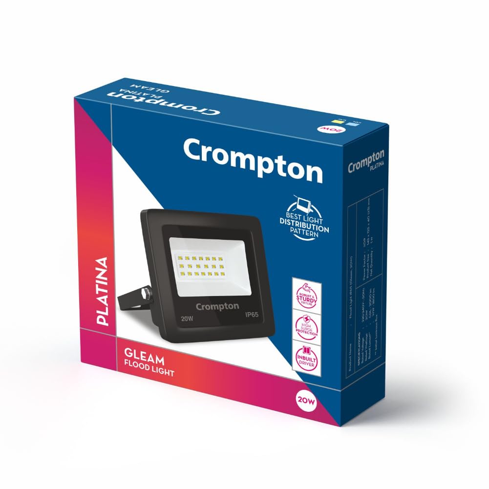 Crompton Gleam 20 Watt Outdoor Waterproof LED Flood Light | Wide Angle Beam| (Cool Day Light 6500K) - Pack of 1-Glass;Aluminium