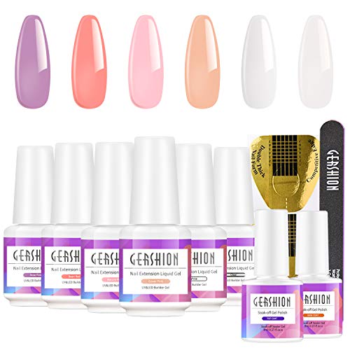 Gershion Poly Extension Nail Gel Kit, Liquid Gel Nail Set No Need Slip Solution Quick UV LED Nail Builder Gel Enhancement Tool with Top Base Coat, Nail Form for Stater Beginner Nail Technician W-02