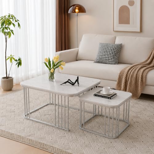 Image of Brown Art SHOPPEE Square Coffee Table Home Decor Furniture Coffee Table Sets,2 Piece MDF Top,Stacking Nesting Table with Iron Frame for Living Room Living Room or Lounge (Silver White)