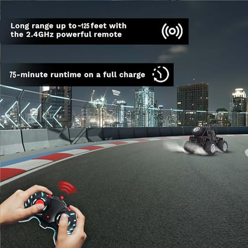 Image of popsugar Off Roader Rechargeable Remote Control Car | RC Car Monster Truck | 4 Headlight Modes | Lithium Battery | C-Type Charging | 2.4GHz Remote Controller | Made in India, Black