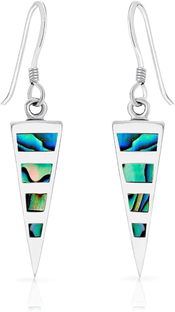 DTPsilver® SMALL 925 Sterling Silver Drop Dangle Earrings - Abalone Paua Shell Long Triangle - Size: 7 x 37 mm