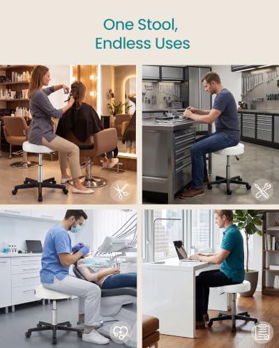 Image of SONGMICS Rolling Stool, Adjustable Swivel Stools Chair, PU Leather, White | Round Rolling Stool 300 lb Weight Capacity , Adjustable Height, for Salon, Bar, Tattoo, Massage, Home Office, UOSC061W101