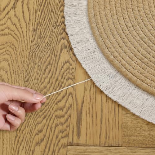 Image of Cotton Round Carpet 3x3 feet - Handmade Braided Boho Rug for Living Room, Bedroom & Balcony - Soft Washable Floor Mat, Color -Beige