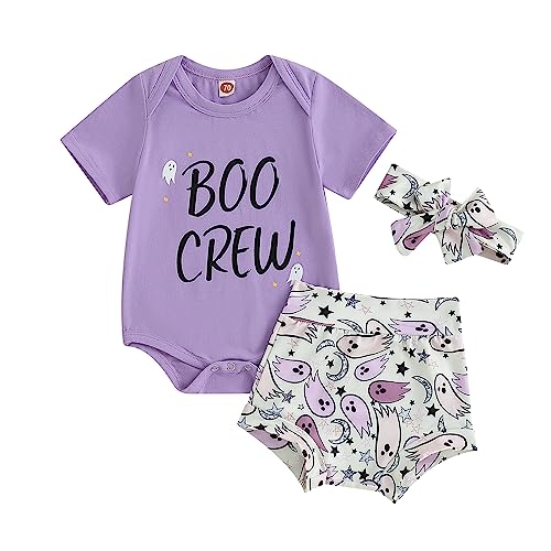 Image of Lamuusaa Newborn Baby Girl Halloween Outfit Hey Boo/Boo Thang Short Sleeve Romper Skull/Ghost Shorts Headband Set 0-18M
