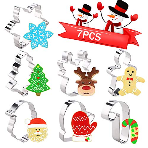 Fabur Galletas Navidad Moldes Acero Inoxidable Moldes Metal，árbol de Navidad ，Santa claus，Reno ，Copo de Nieve，Hombre de Pn de Jengibre，Guante ，Muletas，7 Piezas