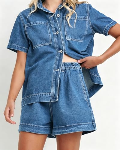 Image of Kedera Summer Denim Set for Women 2 piece Casual Short Sleeve Boxy Shirt Tops and Shorts Pants Lounge Sets Outfits