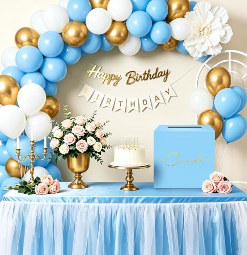 Image of HEIPINIUYE Light Blue Wedding Card Box with Gold Foil 9.8 inch x 9.8 inch Blue Large Gift Card Box for Party Wedding Reception Graduation Birthday Baby Shower Cardboard Raffle Envelope Box with Slot