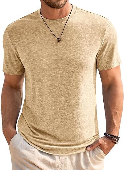 Runcati Herren T-Shirt Rundhals Kurzarm Sommer Oberteile Regular Fit Sport Fitness Funktionsshirt Einfarbig Basic Unterhemd Business Shirts Helles Khaki L
