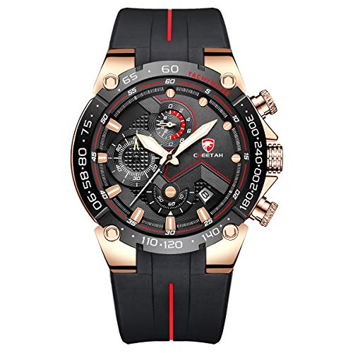 Mens Watches Sports Waterproof Chronograph Watch with Silicone Strap, Date, Luminous Quartz Wristwatch (Rose Gold Black)