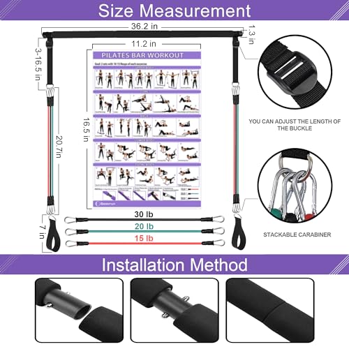 Image of Goocrun Portable Pilates Bar Kit with Resistance Bands for Men and Women - 3 Set Exercise Resistance Bands - Multifunctional Home Gym - Supports Full-Body Workouts - with Fitness Poster and Video