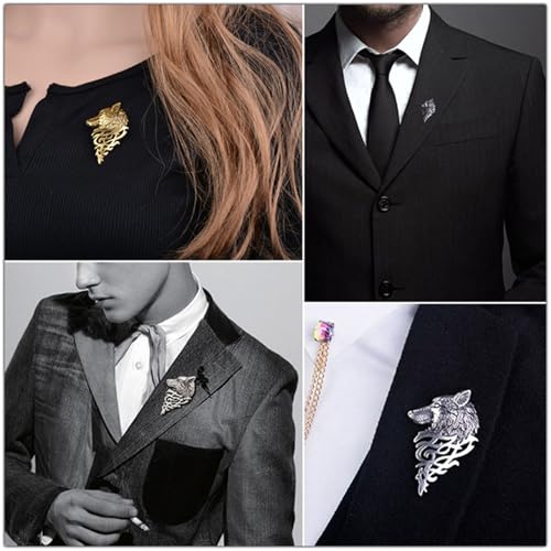 Image of WCRAZYE Vintage Wolf Head Lapel Brooch Set for Men Women Antique Animal Dire Wolf Head Coyote Antique Retro Lapel Brooches Badge Men's Suits Buckle Neckwear Accessories