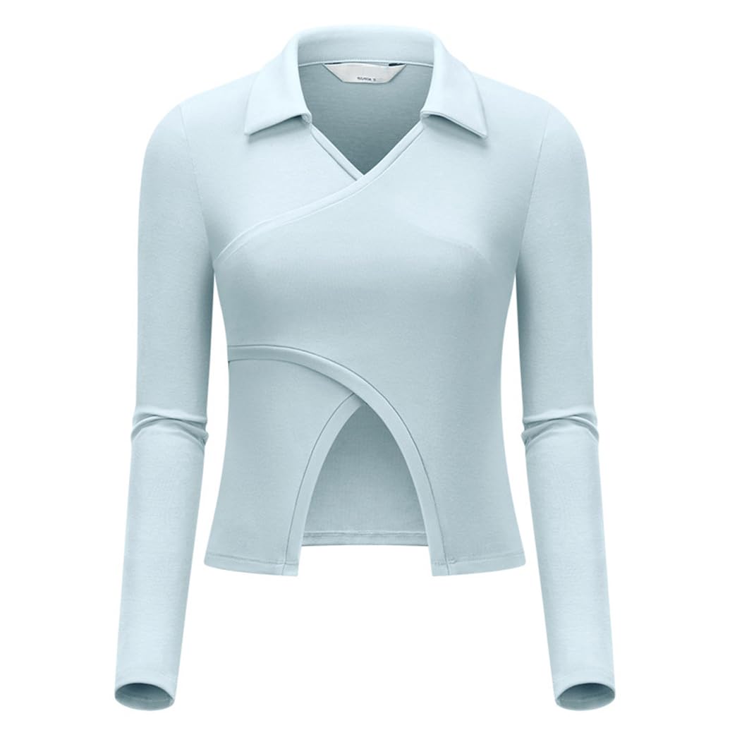LANGWEI Polo da Golf da Donna A Maniche Lunghe con Scollo A V E Spacco T-Shirt da Tennis Top Sportivo