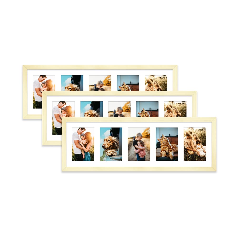 Gold Multi Photo Frame - Holds 5 x 6x4 Pictures, Family Collage Picture Frame for Wall Display, 8x26 Panoramic Frame Size, Set of 3