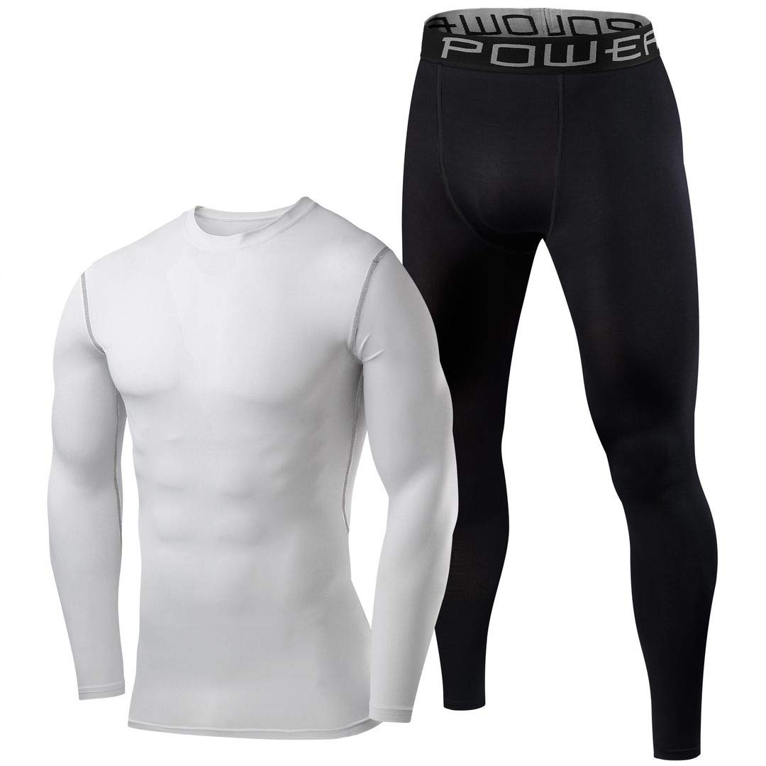 PowerLayer Men's Performance Base Layer Thermal Long Sleeve Top & Tights Compression Set