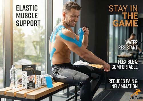 Image of JB Tape Kinesiology Tape, 80 Precut Strips, Blue, Latex‑Free, 4 Rolls | Elastic, Latex-Free, Water Resistant, Athletic Muscle & Joint Support