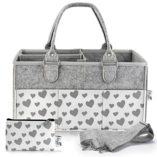 Baby Diaper Caddy Organizer for All Changing Table Necessities. Unisex - Large, Sturdy, Quality w/ 10 Outer Pockets, Regular and Travel Handles, Double Bottom - Bonus Small Item Wallet - Gray Hearts