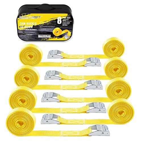 AWELCRAFT ラッシングタイダウンストラップ 8本パック 1インチ x 12フィート カムバックル 最大600ポンド イエロー キャリーバッグ付き