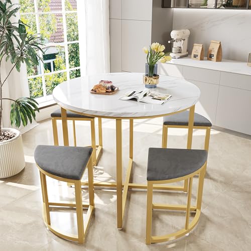WASAGA Table de Salle à Manger avec Quatre Chaises, Table Moderne de Luxe et Chaises en Velours avec Plateau en MDF et Cadre en Fer Plaqué Or (Blanc+Gris)