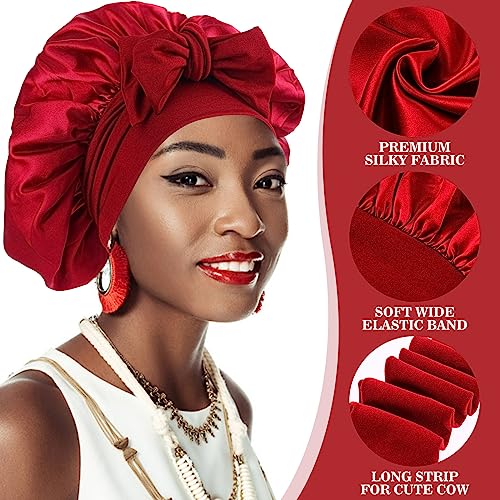 Abeillo Silk Sleep Bonnets for Women 1PC Adjustable Satin Night Sleeping Cap Soft Elastic Band Silk Bonnets for Sleeping Hair Bonnet with Tie Band for Curly Hair Braid Women (Wine Red) - Image 2
