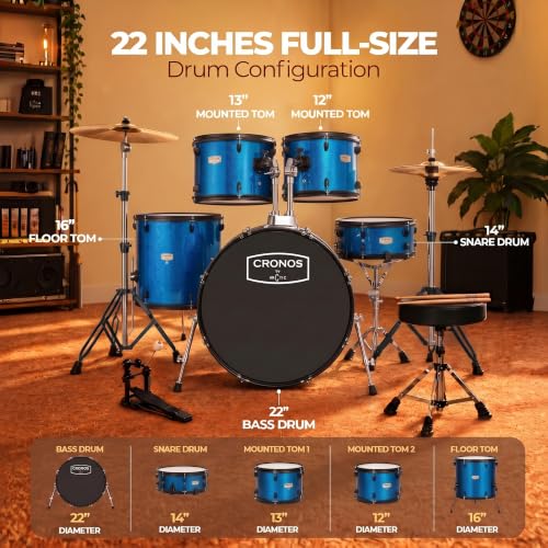 Image of ARCTIC CRONOS 22 inch 5 Piece Acoustic Drum Kit - Blue | with Cymbals, Drum Throne, Hardware & Drum Sticks | Complete Drum Set for Beginners, Adults & Professional Drummers