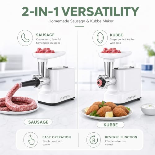 Image of CHEFFANO Meat Grinder, [2500W Max] Electric Meat Grinders with, 2 Grinding Blades, 3 Plates, Sausage Stuffer, Kubbe Kit, for Home Kitchen Use, 3-In-1 Heavy Duty Mincer