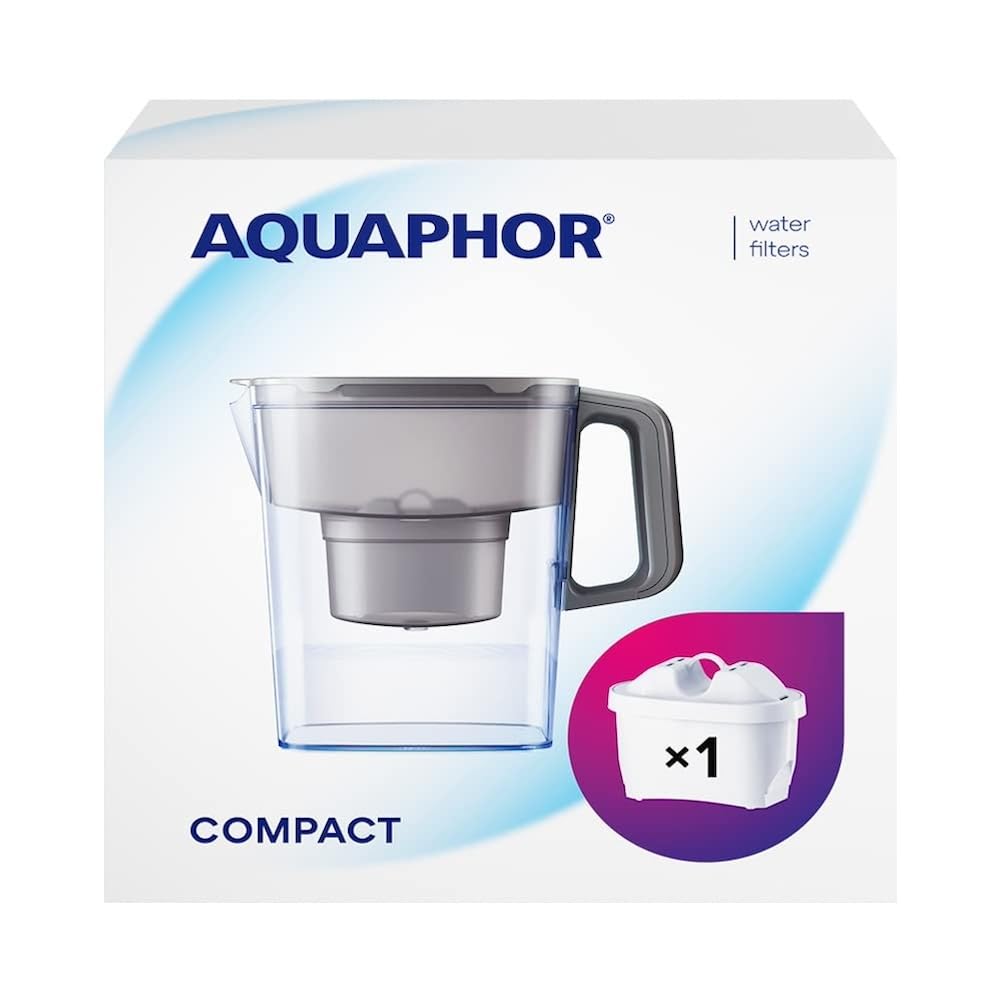 AQUAPHOR Jarra de Filtro de Agua Compact, Ahorra espacio, Liviana, Entra en la puerta del refrigerador, Capacidad 2.4L, 1 Filtro Maxfor+ Incluido I Reduce Cal, Cloro y Microplásticos I Color gris