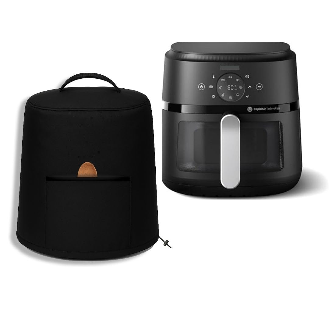 KHOOBREZ Dustproof Waterproof Air Fryer Cover for 6.2L NA231/00 – Polyester Kitchen Oven and Home Appliances with Handle & Pocket | for & Everyday Use R_AR_BR_1 (Black)-image-1