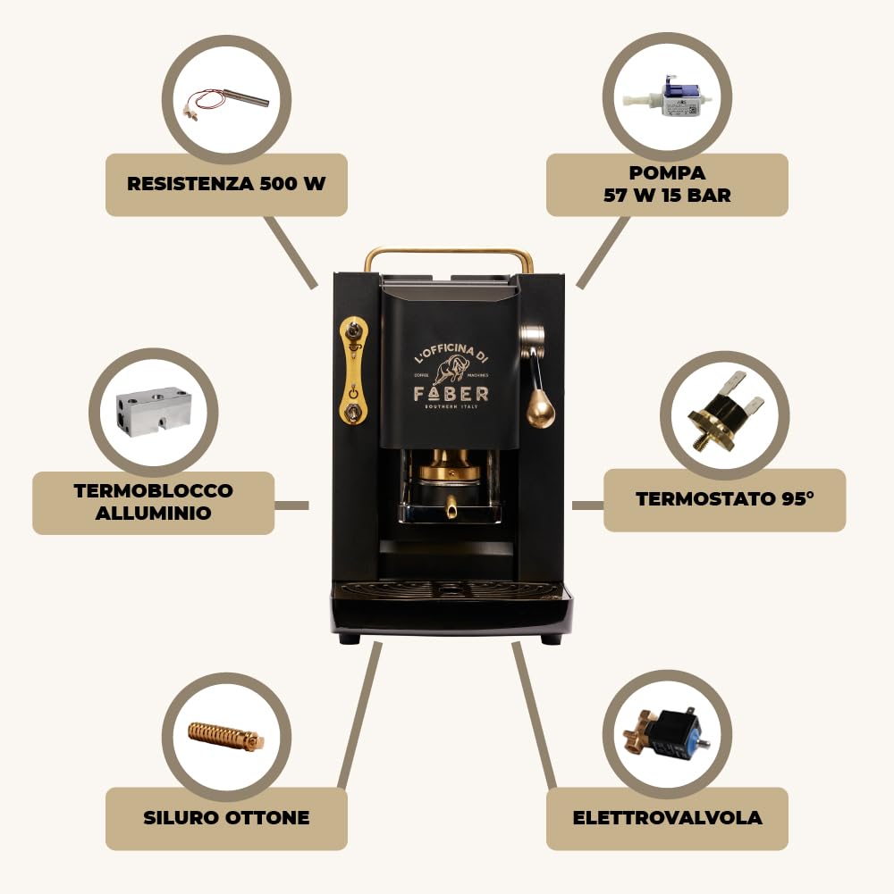 FABER COFFEE MACHINES | Modello Pro Deluxe | Macchina caffe a cialde ese 44mm | Rifiniture ottonato | Pressacialda in ottone regolabile | elettrovalvola di serie (MAT BLACK)