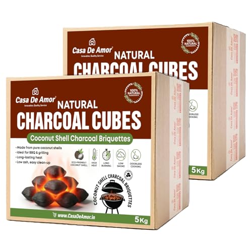 Image of Casa De Amor Natural Charcoal Cubes for BBQ, Grilling & Tandoor | Long Burning, Low Smoke, Odorless Coconut Shell Charcoal | Eco-Friendly Fuel for Barbecue & Outdoor Cooking (10 Kg)