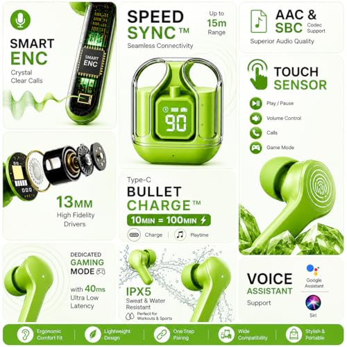 Image of NADITI Wireless Bluetooth Earbuds with Digital Display Charging Case | Touch Control TWS Earphones with HD Sound & Deep Bass | Noise Isolation Earbuds for Music, Calls, Gaming & Sports (Green)
