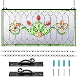 Maxdot 32'x16' Stained Glass Transom Window Panel, Large Horizontal Tulips & Irises Handcrafted Hanging Decor...