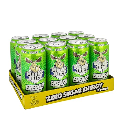 Moose Juice // Clean Energy + BCAA Drink // Only 14 kcal // 141mg Caffeine // Zero Sugar & Aspartame // Vitamins // Green Apple Flavour // 12 x 440ml Cans