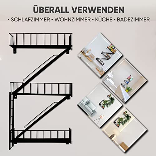 Fire Escape Wandregal Schwarz Metall - Hängeregal mit Leiter für Deko Wohnzimmer Modern | Schweberegal zur Dekoration Badezimmer Schlafzimmer | Küchenregal Zimmer Deko Aesthetic Wanddeko Gewürzregal