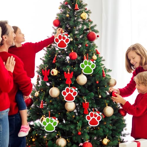 2024 Dog Paw Christmas Ornaments Personalized Paw Print Christmas Tree Hanging Ornament Dog Red and Green Paw Christmas Tree Decorations Xmas Tree Hanging Gifts Reusable PVC Rubber First Keepsake 2PC