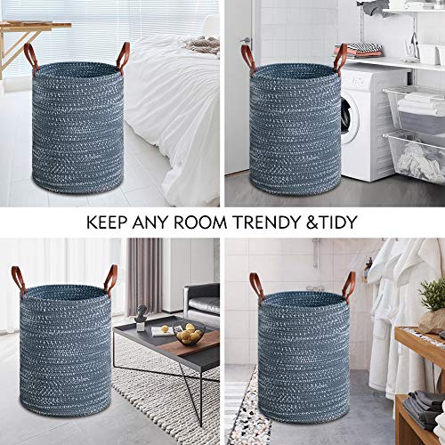 Totanki Large Cotton Rope Laundry Storage Basket - 15.7 Inches(D) X 19.7 Inches(H) - Collapsible Woven Basket With Leather Handles For Storing Clothing, Diapers, Toys (Blue) #TOP6