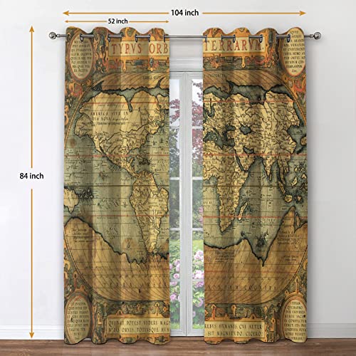 Jekeno World Map Blackout Curtains World Map Vintage Print Grommet Window Drapes for Bedroom Living Room 2 Panel Set, 52"x84"