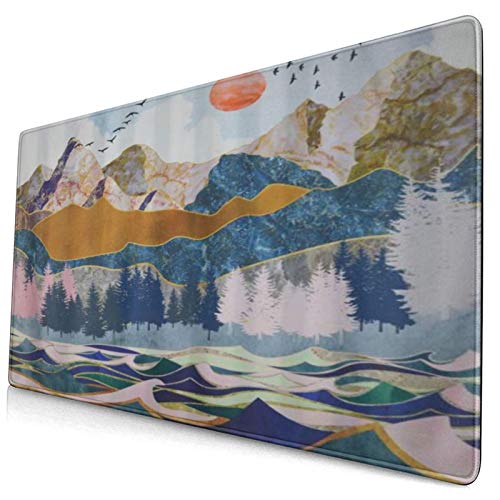 Gaming Mauspad 750x400x3mm Bergwald Aquarell Sonnenuntergang Natur Landschaft Ozean Welle Herde von Vögeln Office Mauspad rutschfeste