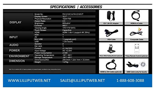 Image of LILLIPUT 12.1 inch FA1210 /C /T Industrial Capacitive Touch Screen 4:3 1024x768 Native 800 cd /m 900:1 Contrast, 170 Wide Viewing Angles