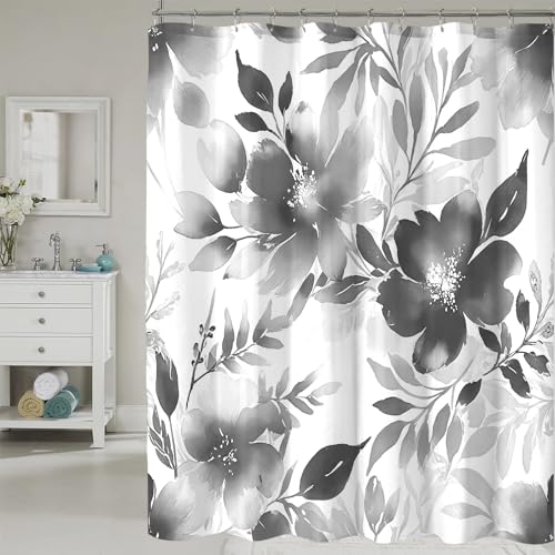 COSEVIER Floral Shower Curtain, Grey Watercolor Flower Shower Curtains for Bathroom, Modern Minimalist Waterproof Fabric Bath Curtain 72x72 Inch
